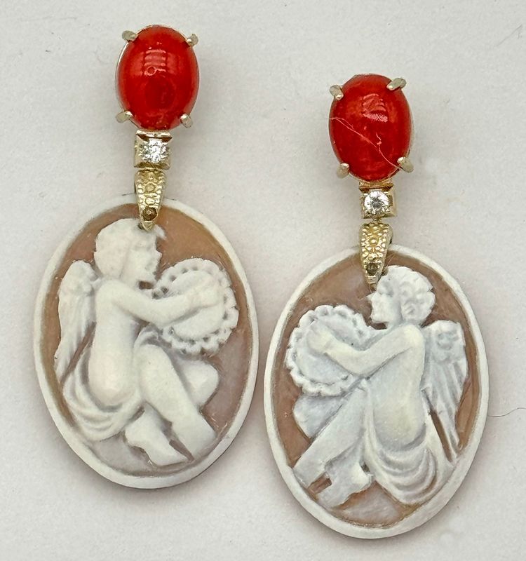 Cameo earrings with coral and zircon
