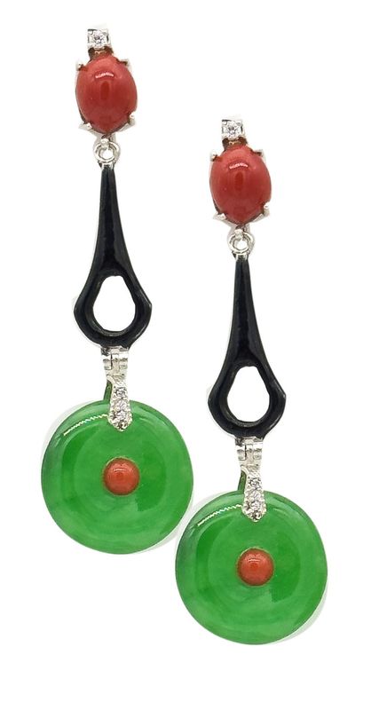 ENAMEL EARRINGS WITH CORAL AND JADE SET IN 925 SILVER STRUCTURE