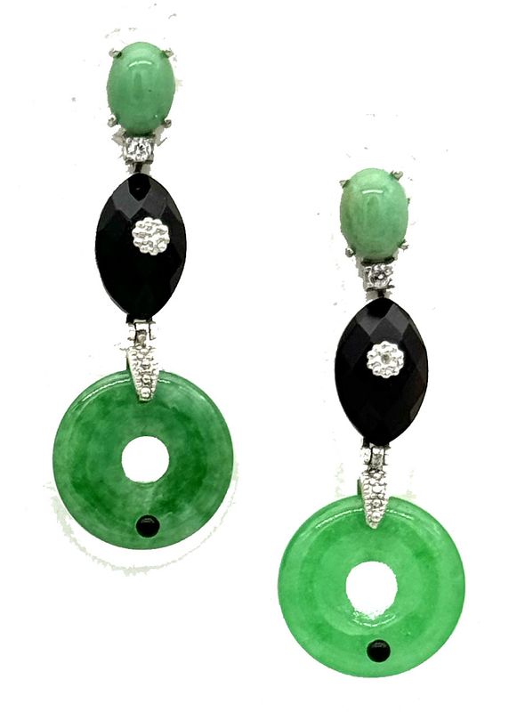 Jade, Onyx, and 925 Silver Earrings