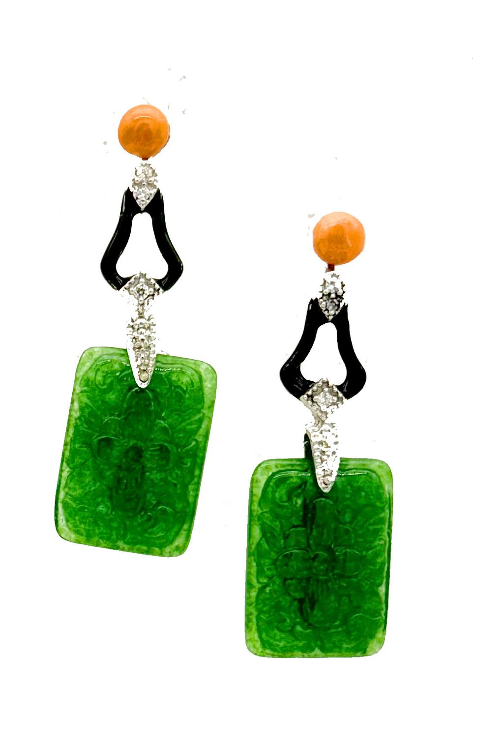 EARRINGS WITH CORAL, RUBRUM, JADE, ENAMEL, AND 925 SILVER