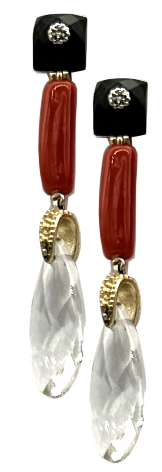 Onyx, Rubrum Coral, Rock Crystal, and Sterling Silver Earrings