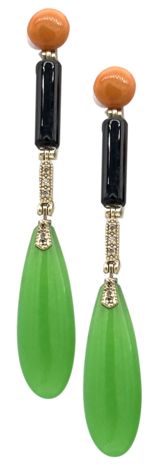 Mediterranean red Coral, onyx, jade, and 925 silver earrings