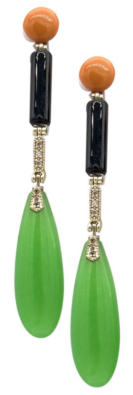 Mediterranean red Coral, onyx, jade, and 925 silver earrings