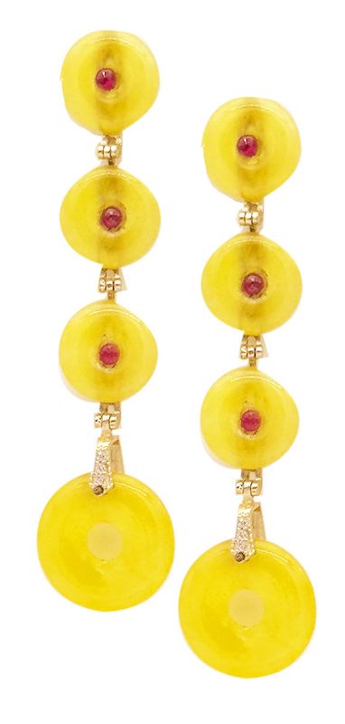 Yellow jade, Mediterranean red coral, and 925 sterling silver earrings.