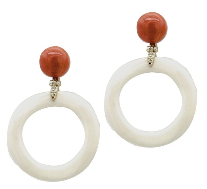 Ivory, coral, and 925 silver earrings.