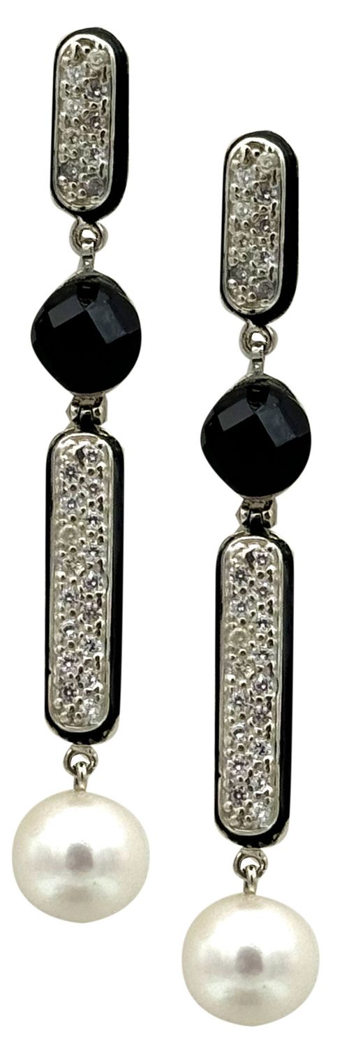 Onyx earrings, pearls, zirconia, enamel work, and 925 silver.