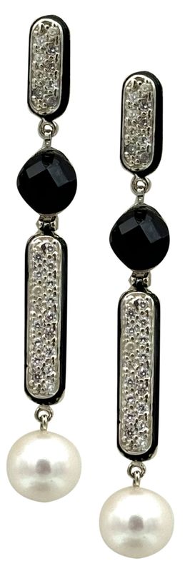 Onyx earrings, pearls, zirconia, enamel work, and 925 silver.
