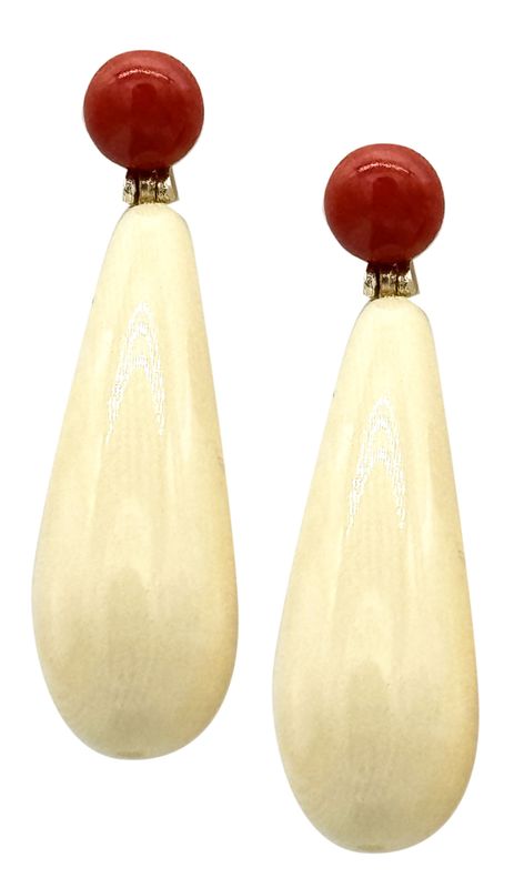 Bone,Mediterranean red Coral and Gold-plated 925 Silver Earrings