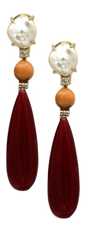 Pearl, coral, carnelian, and 925 gold-plated silver earring