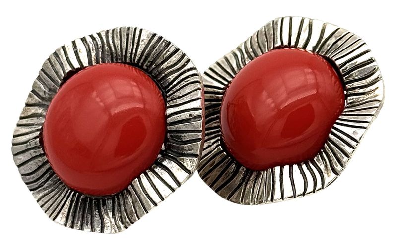 Large 925 Solid Silver Earrings with Wavy Mediterranean Coral Paste