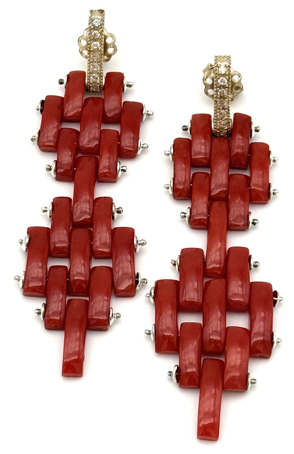 Mediterranean Red Coral and Zircon Earrings with 925 Silver Structure