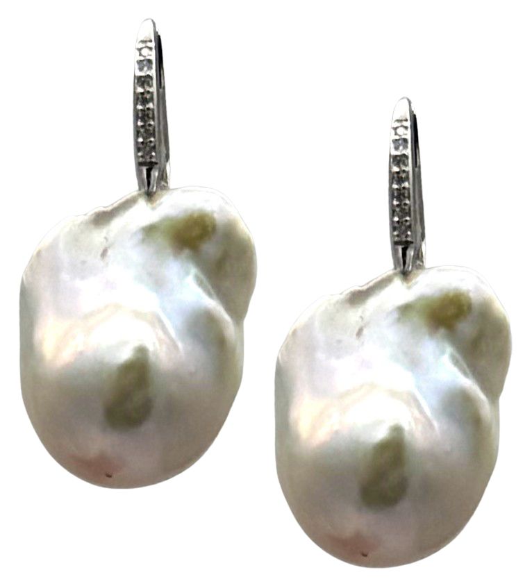 18 KT GOLD EARRING BKT 0,12 DIAMONDS AND AUSTRALIAN BAROQUE SOUTH SEA PEARLS