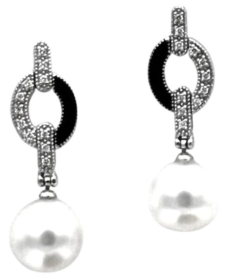 18 KT GOLD EARRING BKT 0,25 DIAMONDS AND AUSTRALIAN SOUTH SEA PEARLS BLACK ENEMEL INSERTS