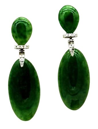 18 KT ART DECO&#39; GOLD EARRING BKT 0,10 DIAMONDS AND JADA