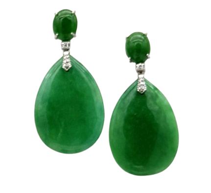 18 KT GOLD EARRING BKT 0,12 DIAMONDS AND JADE