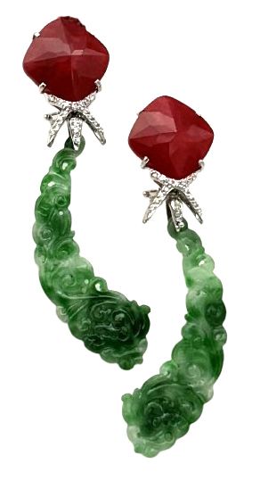 18 KT ART DECO&#39; GOLD EARRING BKT 0,30 DIAMONDS AND JADA RUBIN