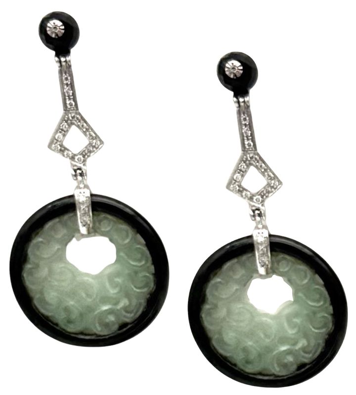 18 KT ART DECO&#39; GOLD EARRING BKT 0,22 DIAMONDS AND JADE END ONIX PREZZO SCONTATO