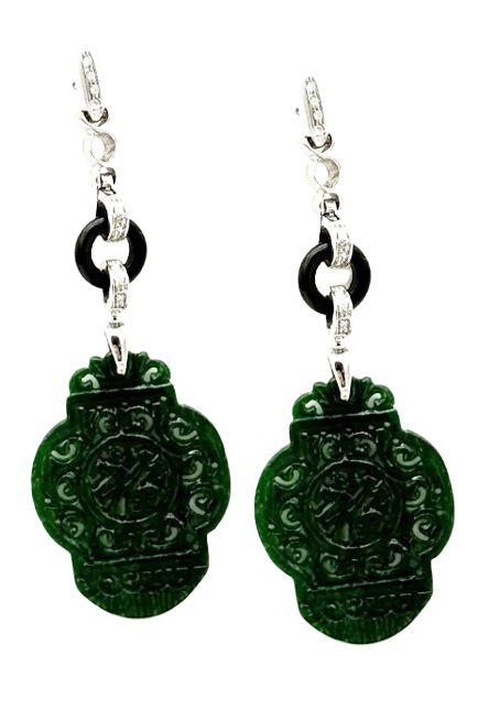 18 KT ART DECO&#39; GOLD EARRING BKT 0,20 DIAMONDS AND JADA AND ONIX