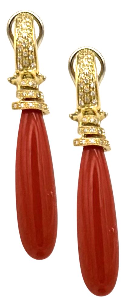 18 KT ART DECO&#39; GOLD EARRING BKT 0,60 DIAMONDS RED MEDITERREAN CORAL