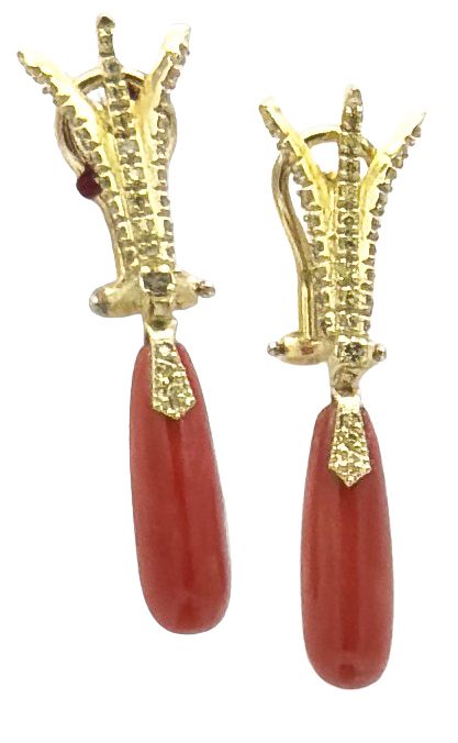 18 KT ART DECO&#39; GOLD EARRING BKT 0,50 DIAMONDS RES MEDITERREAN CORAL