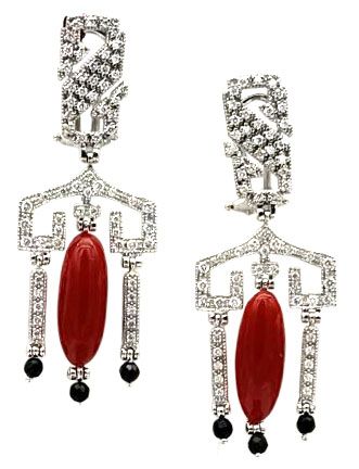 18 KT ART DECO&#39; GOLD EARRING BKT 0,60 DIAMONDS RED MEDITERREAN CORAL AND ONIX PREZZO SCONTATO