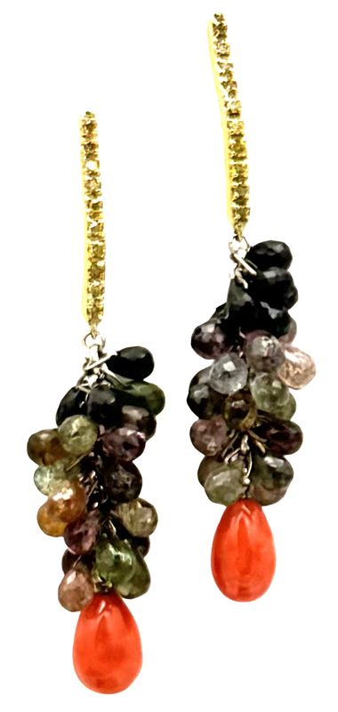 18 KT GOLD EARRING BKT 0,20 DIAMONDS AND RED MEDITERREAN CORAL AND TORMALINE PREZZO SCONTATO