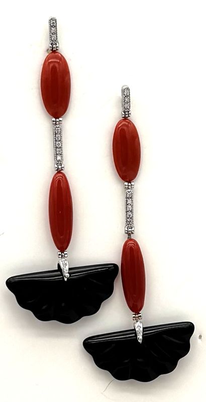 18 KT ART DECO&#39; GOLD EARRING BKT 0,22 DIAMONDS RED MEDITERREAN CORAL AND ONIX  PREZZO SCONTATO