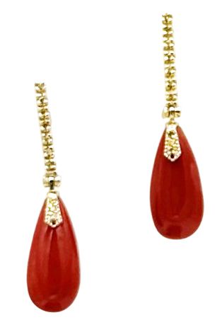 18 KT ART DECO&#39; GOLD EARRING BKT 0,22 DIAMONDS RED MEDITERREAN CORAL