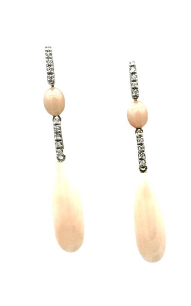 18kt ART DECO&#39; GOLD EARRING BKT 0,22 DIAMOND AND PINK CORAL