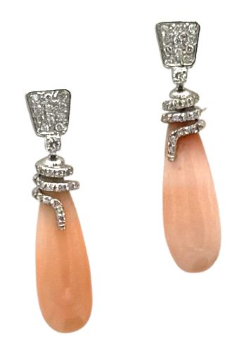 18 KT ART DECO&#39; GOLD EARRING BKT 0,40 DIAMONDS AND PINK CORAL