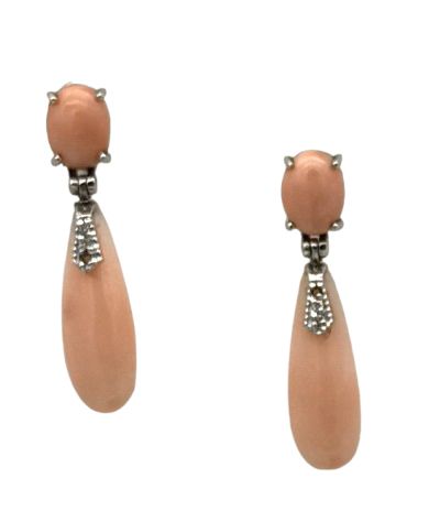 18 KT ART DECO&#39; GOLD EARRING BKT 0,08 DIAMONDS AND PINK CORAL