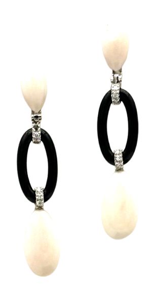 18 KY ART DECO&#39; GOLD EARRING BKT 0,12 DIAMONDS AND PINK CORAL AND ONIX