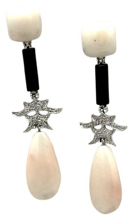 18 KT ARTY DECO&#39; GOLD EARRING BKT 0,20 DIAMONDS AND PINK CORAL AND ONIX