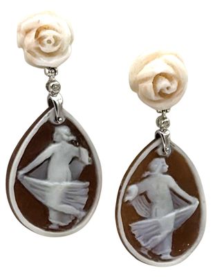 Art Deco 18K Gold Earrings with Diamonds 0.03 ct, Hand-Carved Cameo &amp; Pink Coral