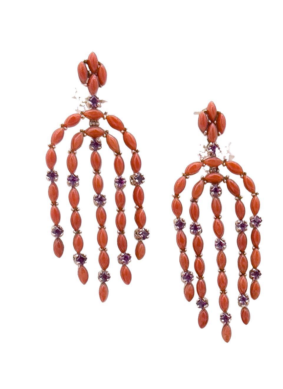 9KT ART DECO&#39; GOLD EARRING KT 0,50 ROSE CUT DIAMONDS AND RED MEDITERREAN CORAL CABOCHON &amp; DROPS