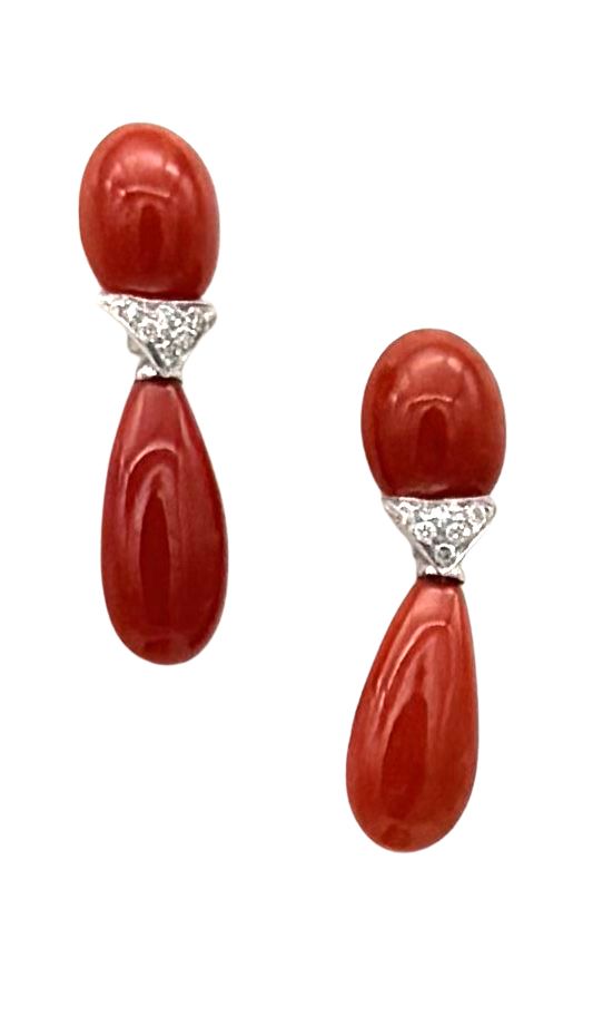 18 KT ART DECO&#39; EARRING BKT 0,10 DIAMONDS RED MEDITERREAN CORAL