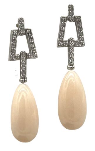 18 KT ART DECO&#39; GOLD EARRING BKT 0,40 DIAMONDS AND PINK CORAL