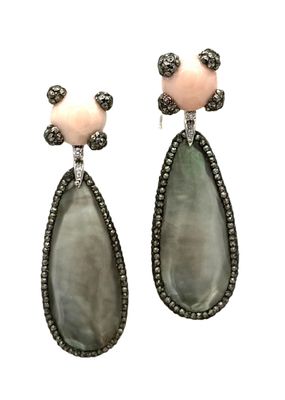 Art Deco 18K Gold Earrings with Diamonds 0.05 ct, Pink Coral &amp; Mother-of-Pearl