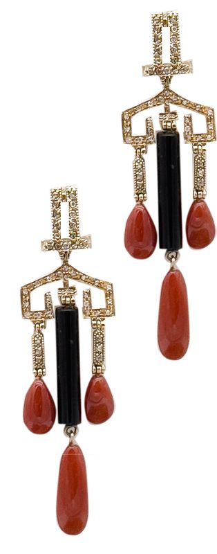 9 K ART DECO&#39; GOLD EARRING KT 1,1 ROSE CUT DIAMONDS , AND RED MEDITERREAN CORAL DROPS AND ONYX