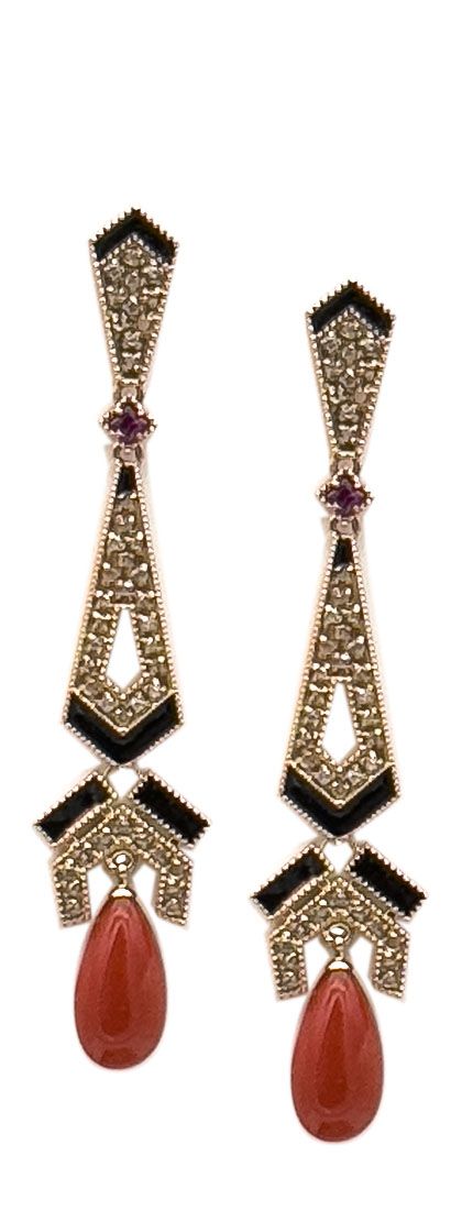 9 KT ART DECO&#39; GOLD EARRING  KT 1,1 ROSE CUT DIAMONS, AND RED MEDITERREAN CORAL DROPS BLACK ENAMED INSERTS