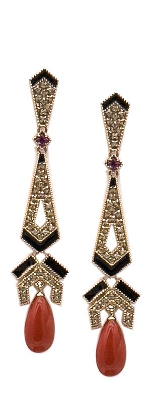 9KT ARET DECO&#39; GOLD EARRING KT 1,1 ROSE CUT DIAMONDS, AND RED MEDITERREAN CORAL DROPS BLAK ENAMEL INSERTS