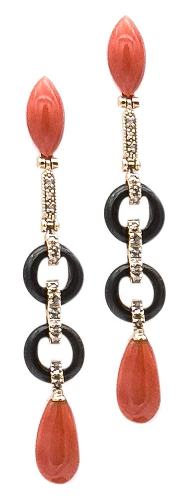 9KT ART DECO&#39; GOLD EARRING KT 0,50 ROSE CUT DIAMONDS, AND RED MEDITERREAN CORAL DROPS AND ONYX