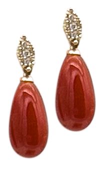 9KT ART DECO&#39; EARRING KT 0,15 DIAMONDS AND RED MEDITERREAN CORAL