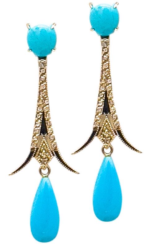 9KT ART DECO&#39; GOLD EARRING KT 0,50 ROSE CUT DIAMONDS, TURQUOISE DROP, BLACK ENAMEL INSERTS
