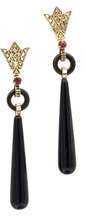 9K GOLD EARRING WITH KT 0,40 ROSE CUT DIAMONDS RUBY AND ONYX DROPS