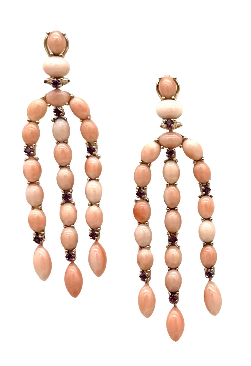 9KT ART DECO&#39; GOLD EARRING WITH RUBELLITE AND PINK CORAL