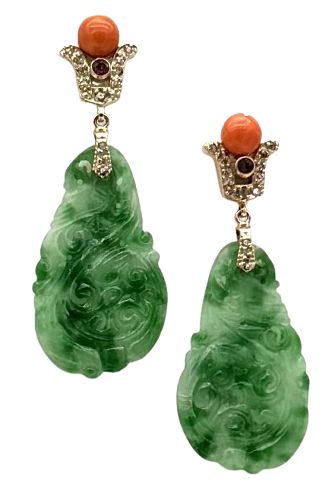 9KT ART DECO&#39; GOLD EARRING KT0,25 ROSE CUT DIAMONDS, AND RED MEDITERREAN CORAL AND JADE