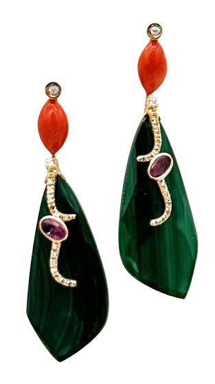9KT ART DECO&#39; GOLD EARRING KT0,30 ROSE CUT DIAMONDS, RUBIN RED MEDITERREAN CORAL AND MALACHITE