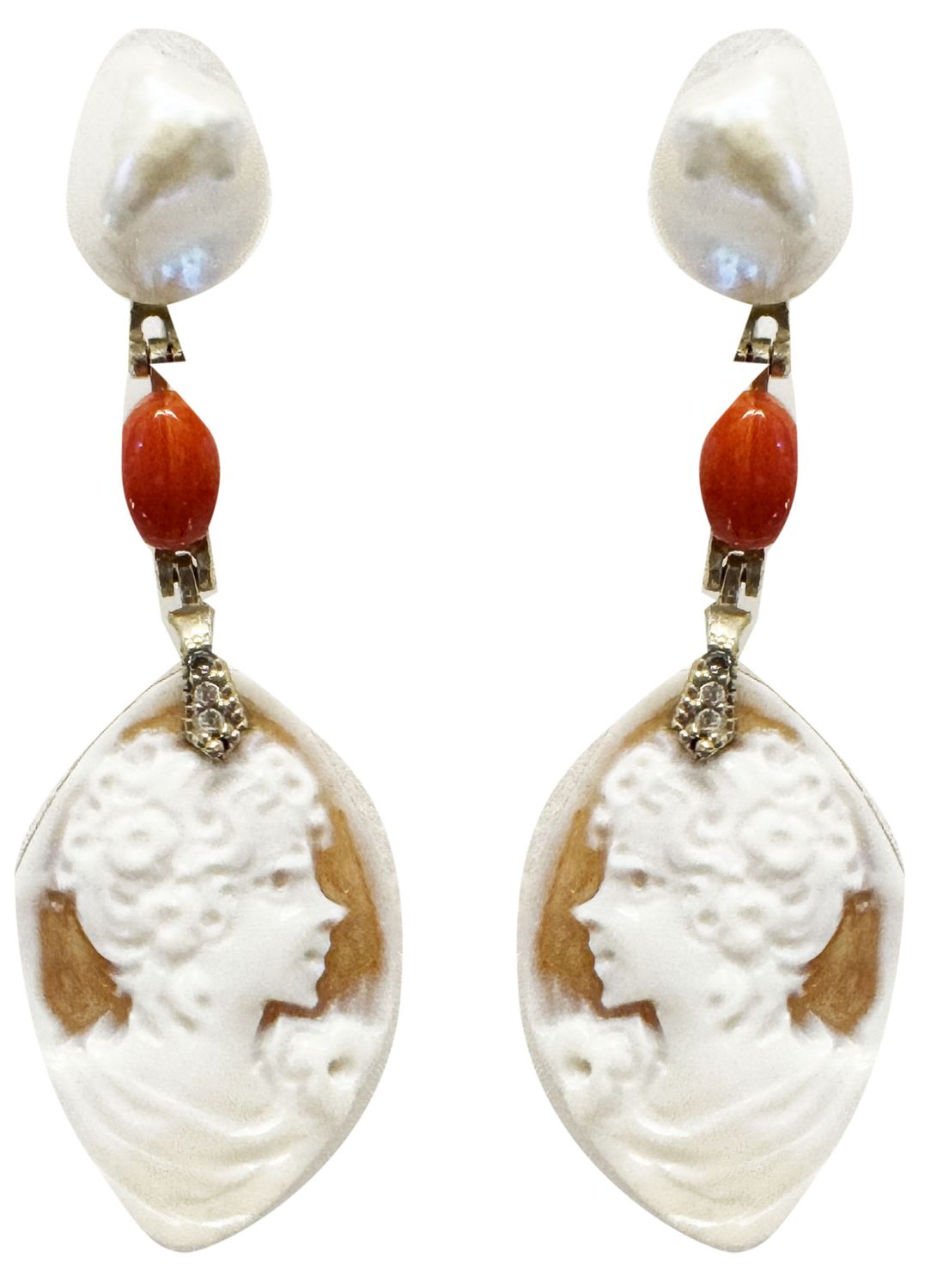 CAMEO EARRINGS WITH PEARL KESHI AND RUBRUM CORAL