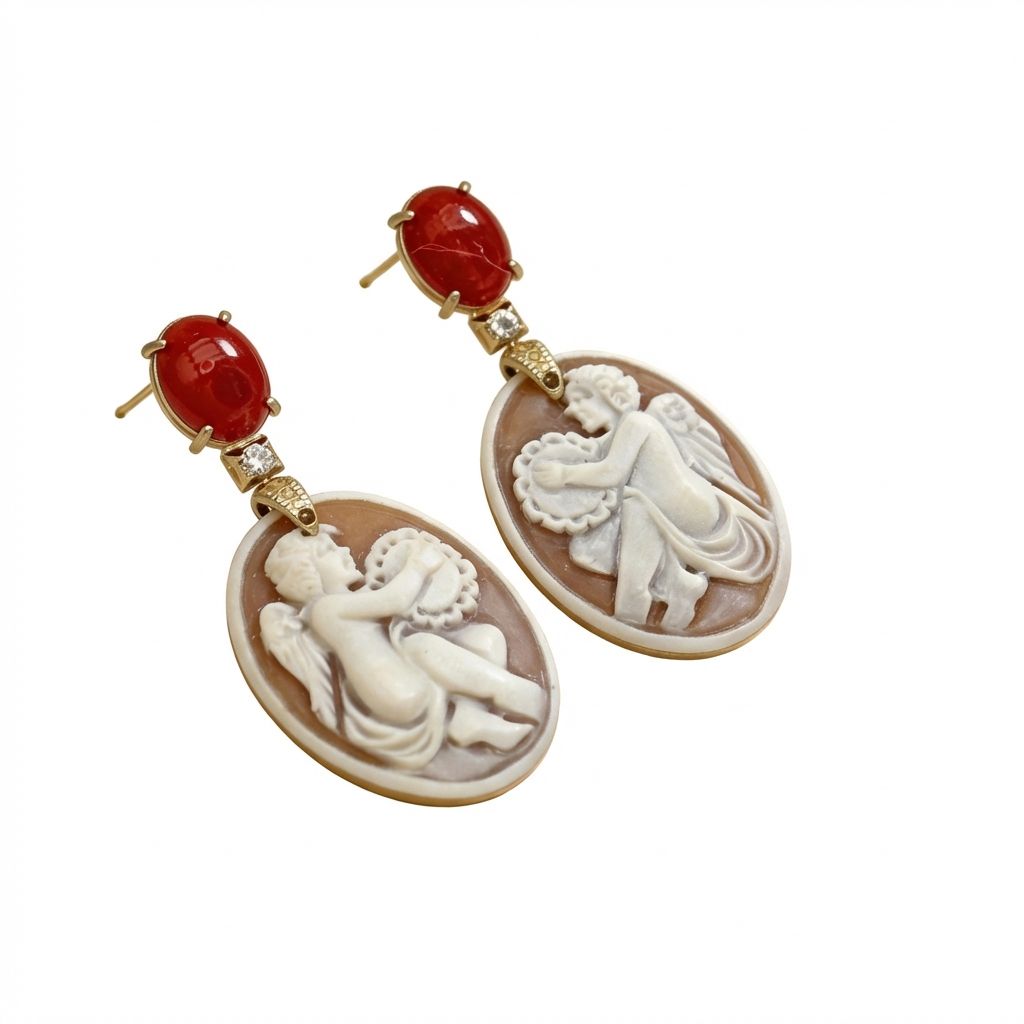 Hand-Carved Cameo Earrings with Red Coral (Corallium Rubrum) &amp; White Topaz